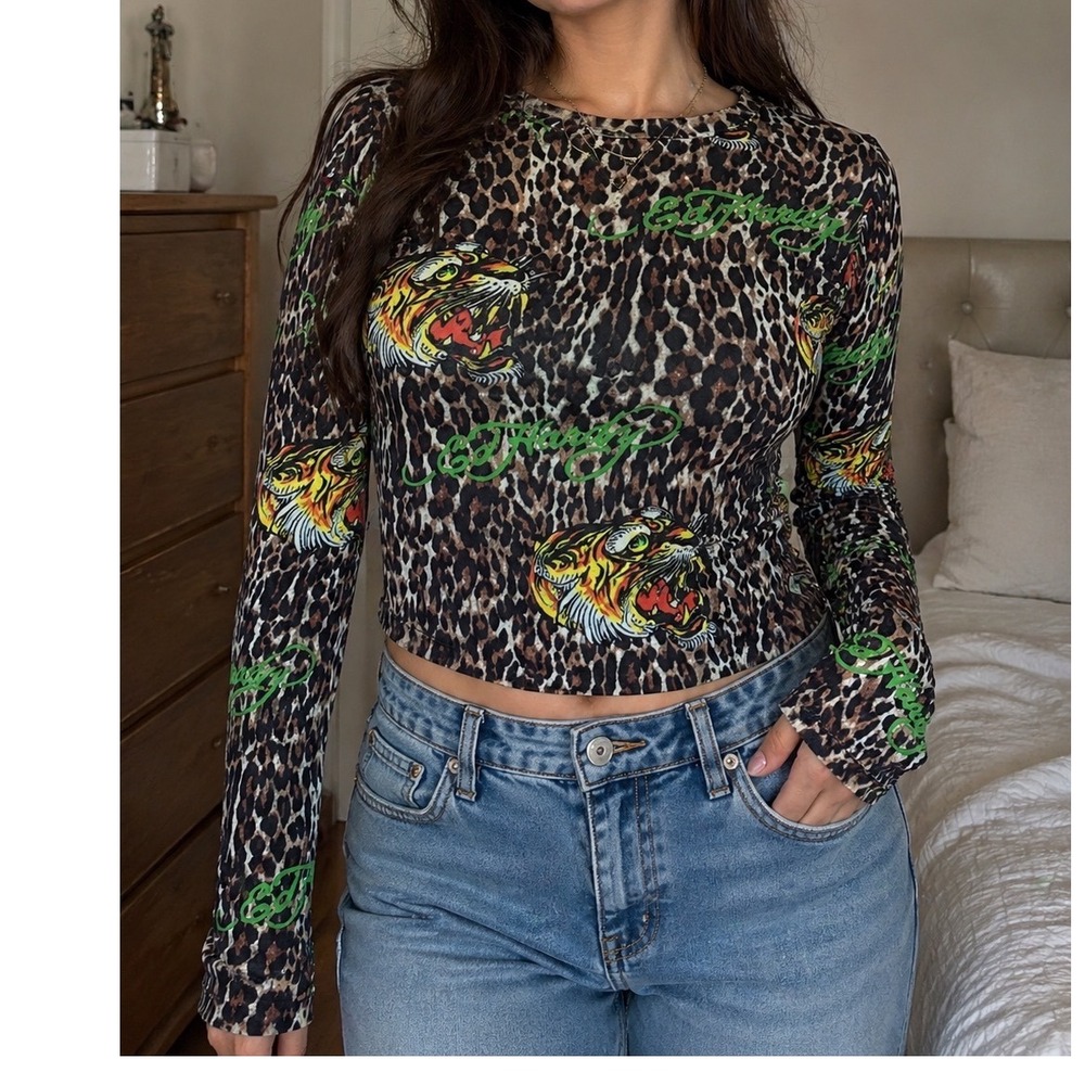 NWT Ed Hardy Womens Leopard Tiger Mesh Long Sleeve Top XL
